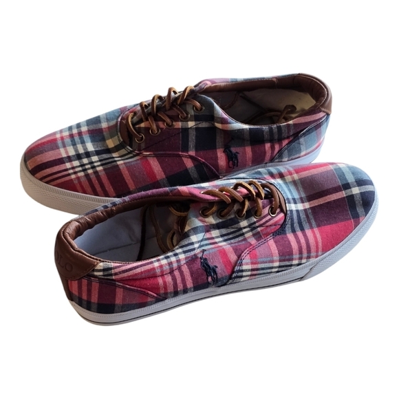 Polo Ralph Lauren Sneakers Mens 12D Vaughn Madras Plaid Fabric Leather New - Picture 1 of 15